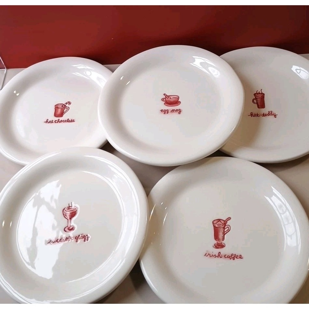 Williams Sonoma Set of‎ 5 Dessert Plates Holiday Hot Drinks Assorted Frstive